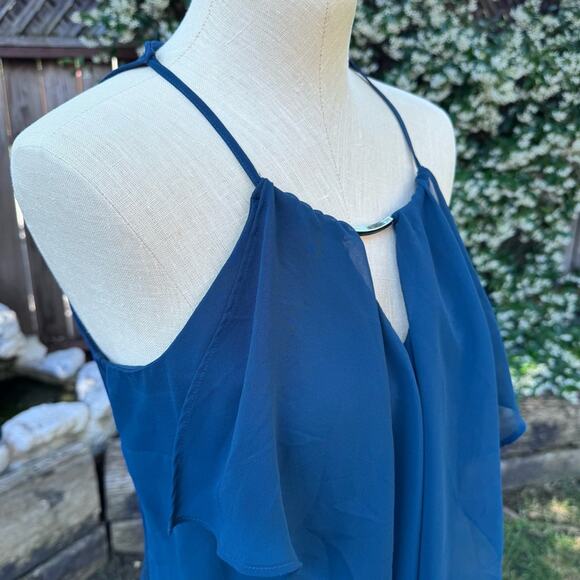New York & Co Stretch Blue Halter Tank Blouse Metal Hardware Women’s Med - Picture 2 of 8
